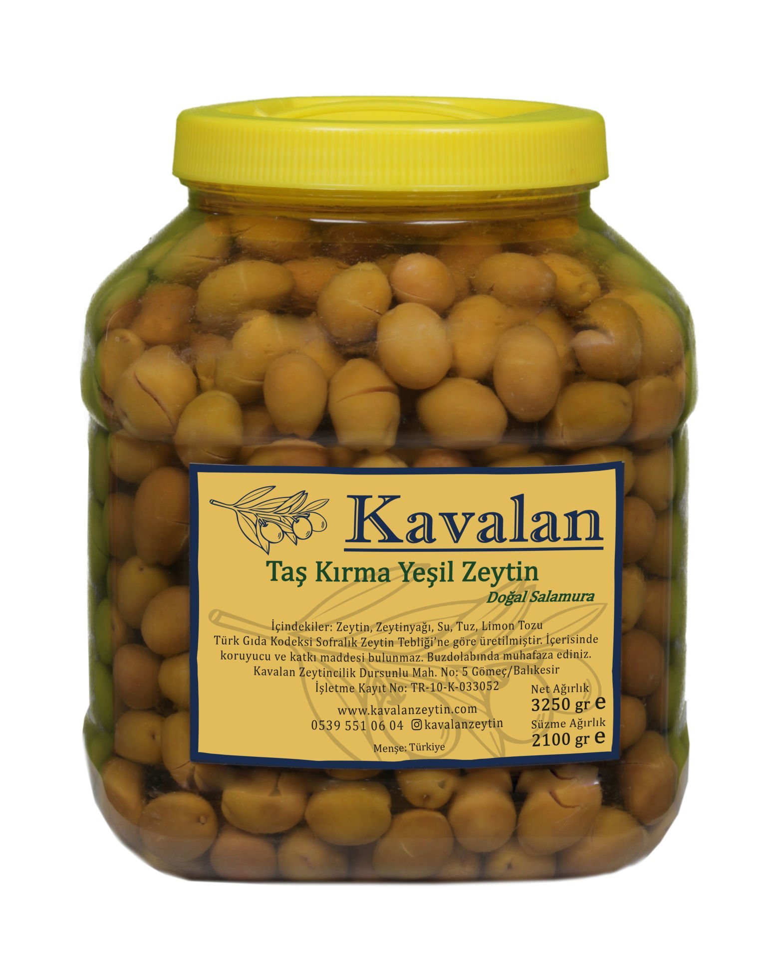 İyi Tarım Uyg. 2100 gr Süzme Ağırlık - Ayvalık Taş Kırma Yeşil Zeytin Doğal Salamura 3000cc