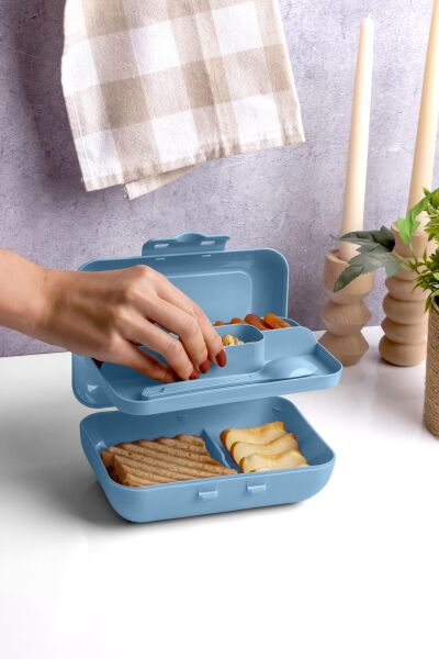 Okyanus Home Mavi Lunch Box 2 Katlı 5 bölmeli Kendinden Çatal Kaşıklı Beslenme Kutusu