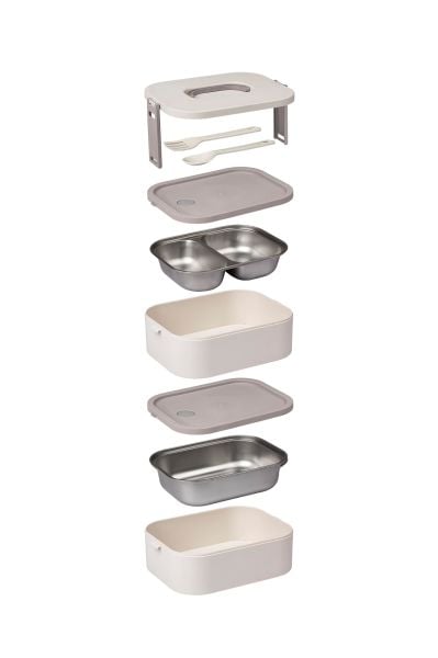 Okyanus Home Paslanmaz Çelik Hazneli Lunch Box 2 Katlı Kendinden Çatal Kaşıklı Beslenme Kutusu Bej