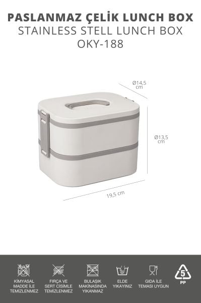 Okyanus Home Paslanmaz Çelik Hazneli Lunch Box 2 Katlı Kendinden Çatal Kaşıklı Beslenme Kutusu Bej