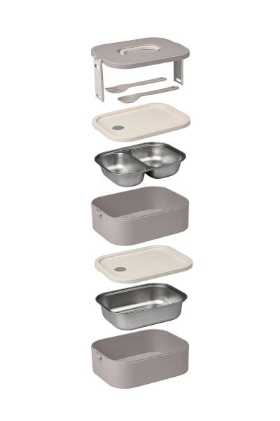 Okyanus Home Paslanmaz Çelik Hazneli Lunch Box 2 Katlı Kendinden Çatal Kaşıklı Beslenme Kutusu Vizon