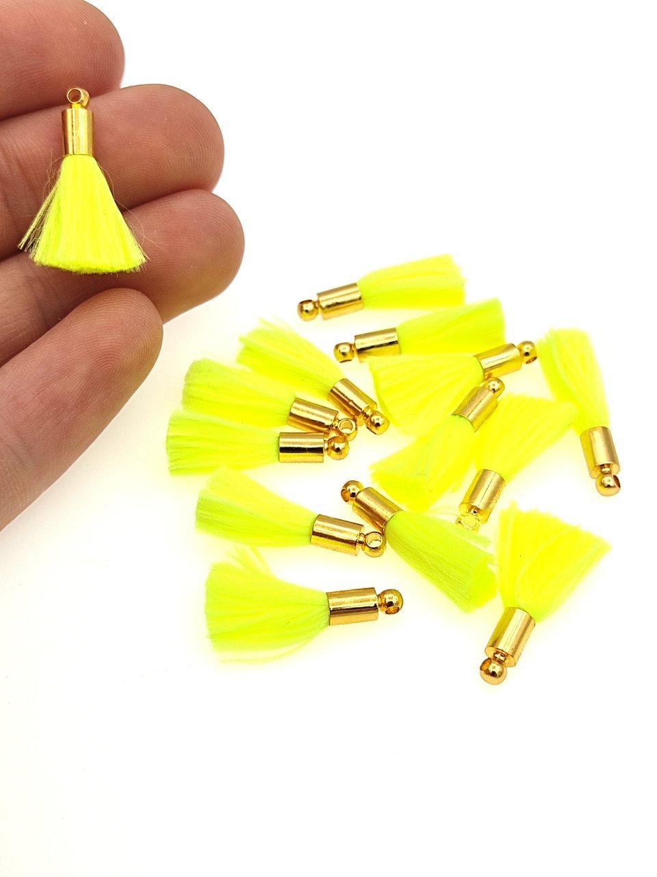 Altın Kaplama Mini İpek Püskül - Neon Sarı