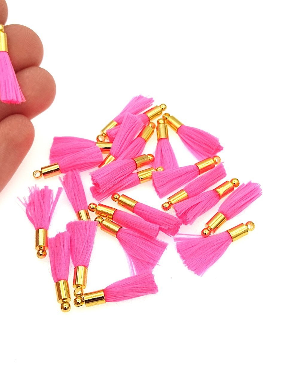 Altın Kaplama Mini İpek Püskül - Neon Pembe