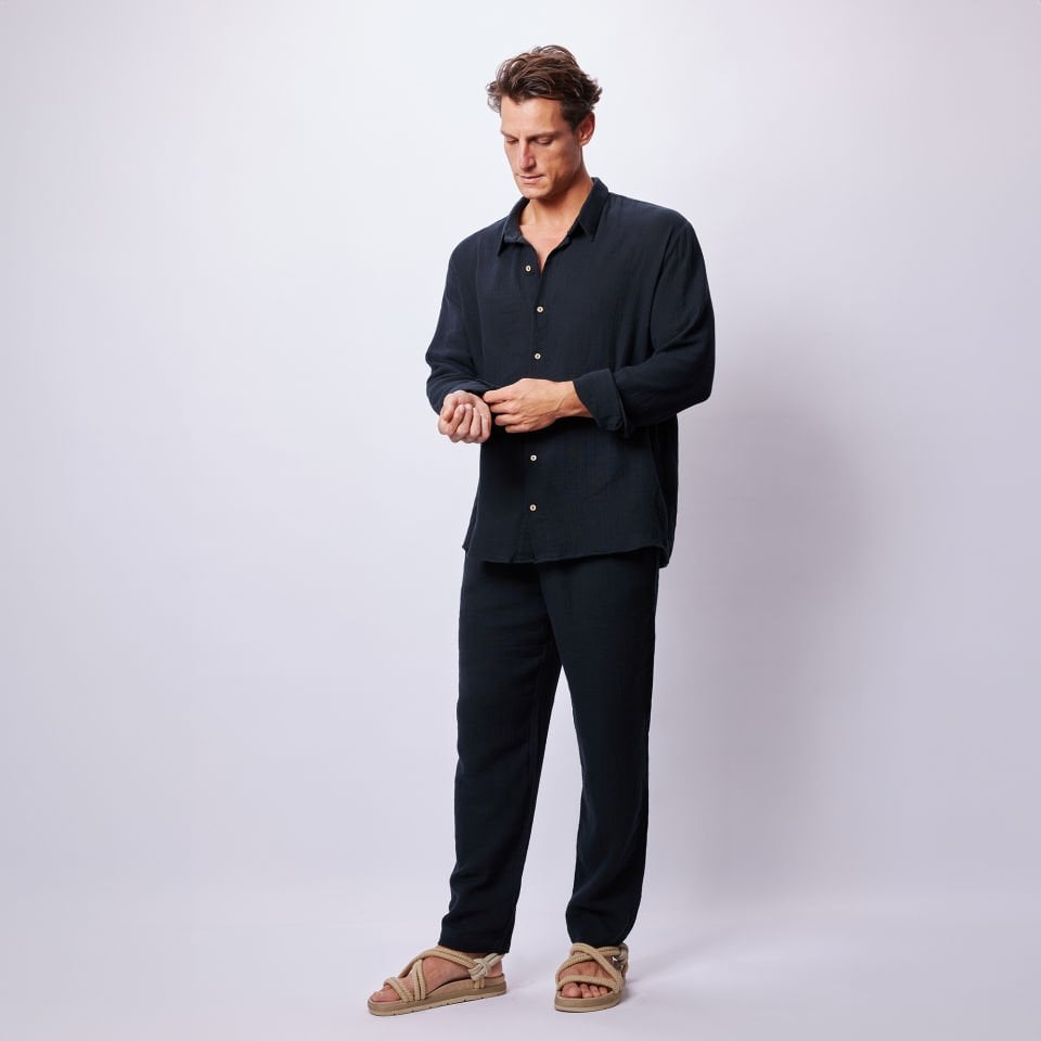 Siyah Muslin Comfort Gömlek&Pantolon Takım