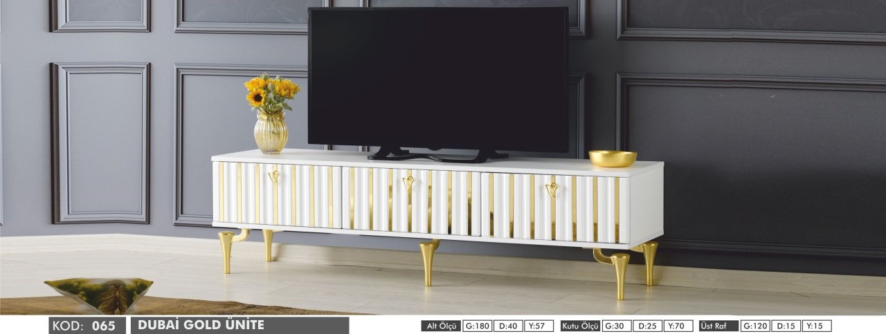 Dubai Gold Detaylı Beyaz Televizyon(TV) Sehpası