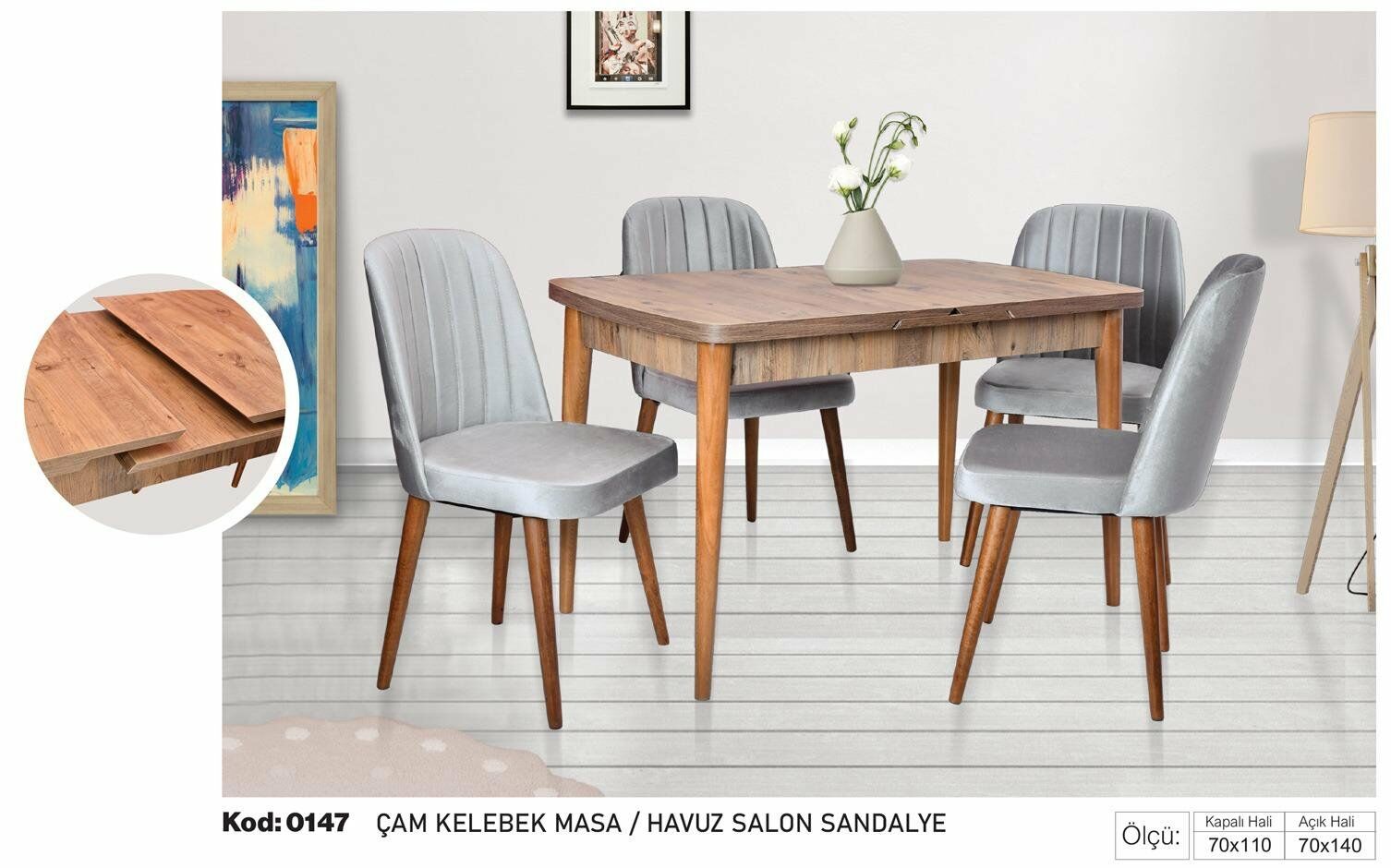 Çam Kelebek Masa Gri Havuz Salon Sandalye