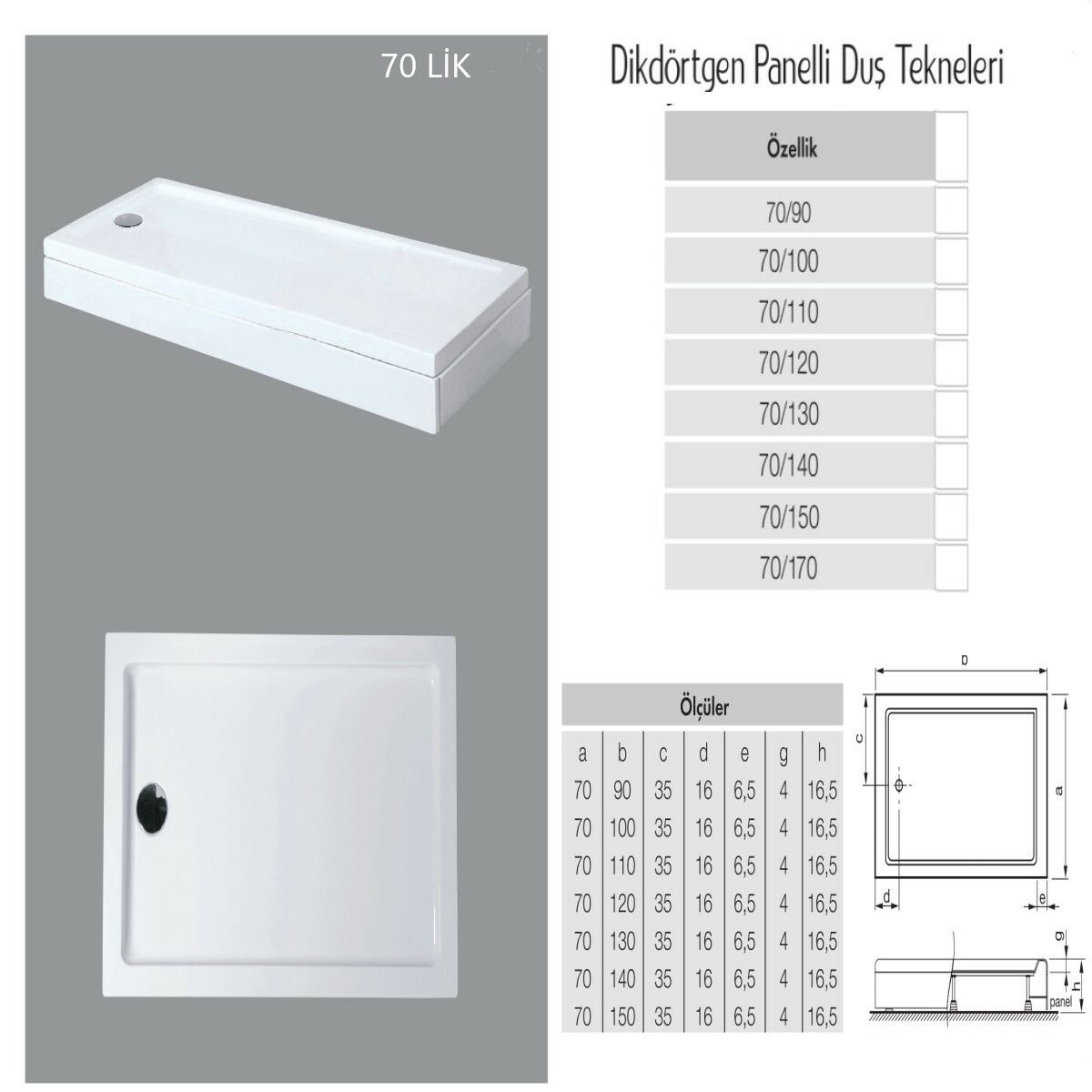 Dikdörtgen Panelli Duş Teknesi H:15-16cm