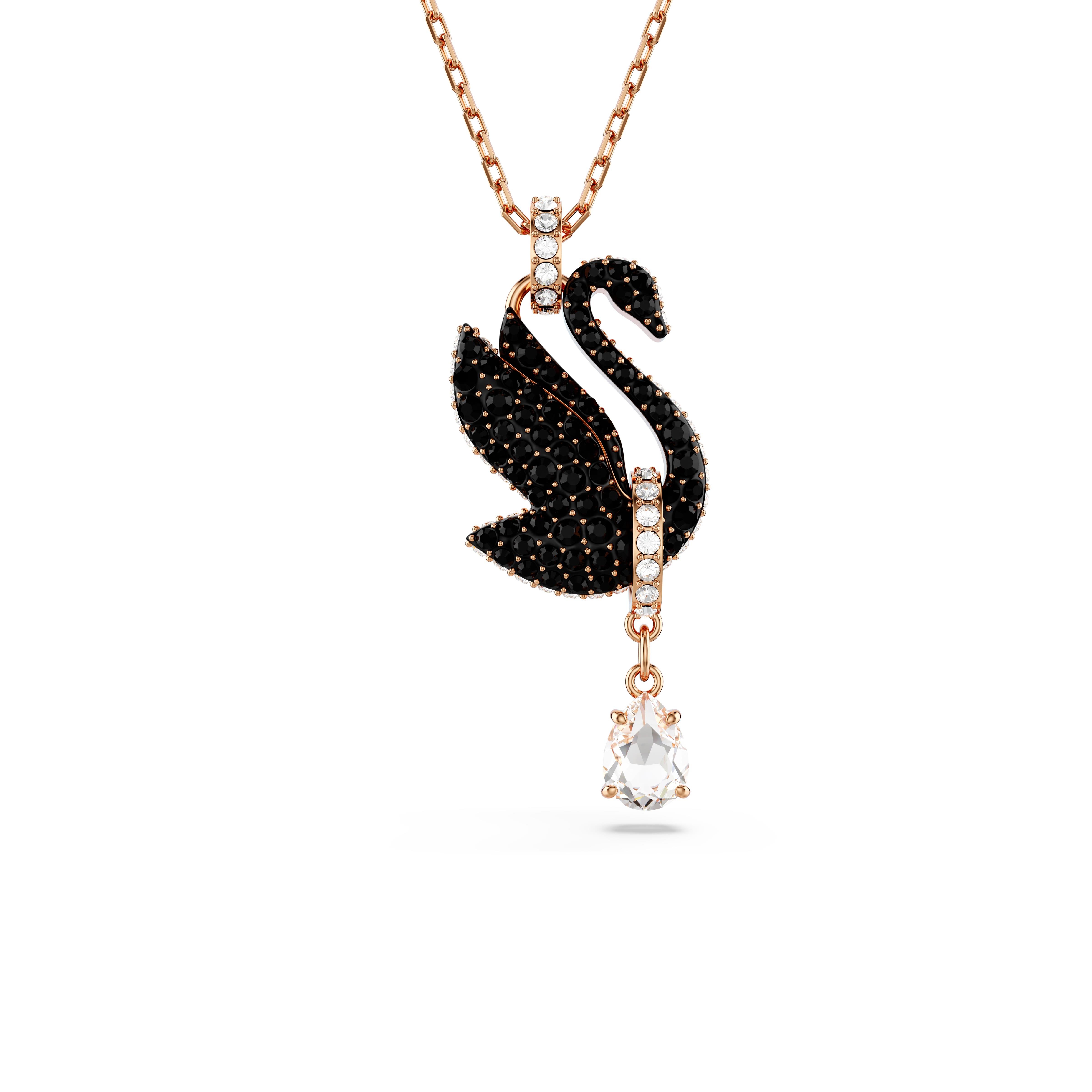 Swarovski Swan Kolye Ucu, Kuğu, Siyah, Pembe altın rengi kaplama