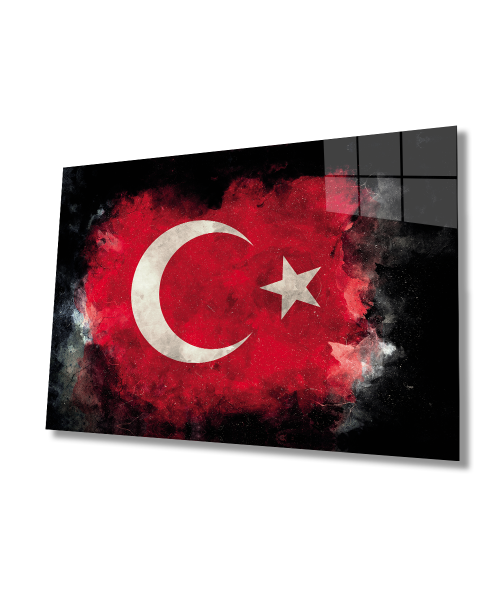 Siyah Fonlu Türk Bayrağı Ay Yıldız Cam Siyah Fon Black Background Turkish Flag Crescent and Star Glass Wall Art
