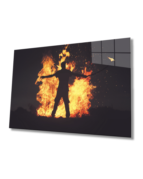 Ateş ve Adam Cam Tablo 4mm Dayanıklı Temperli Cam Fire Glass Painting