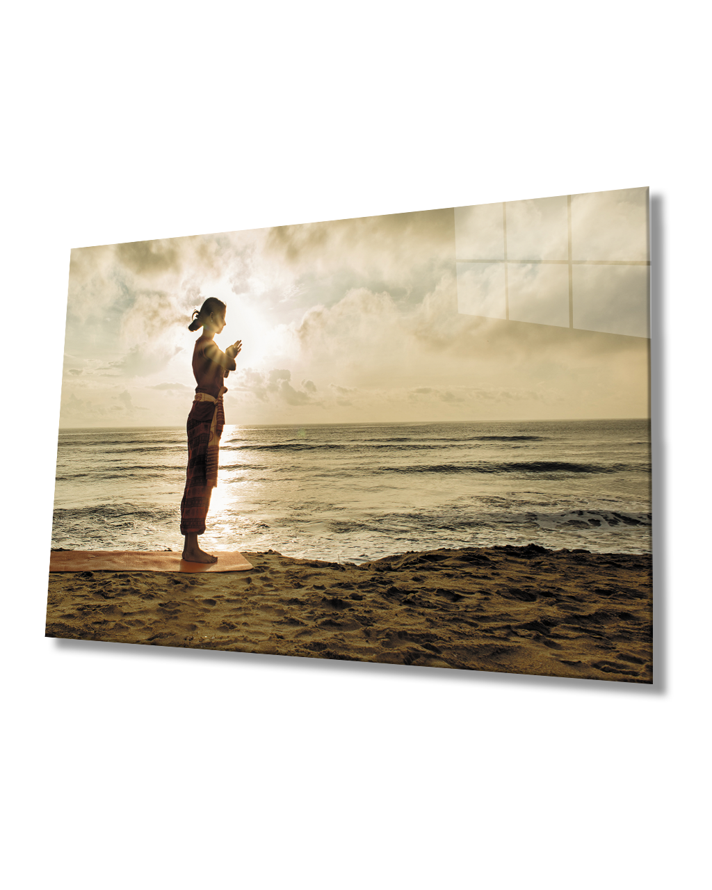 Gün Batımı Sahilde Yoga Yapan Kadın  Cam Tablo  4mm Dayanıklı Temperli Cam Woman Practicing Yoga on the Beach at Sunset Glass Table 4mm Durable Tempered Glass