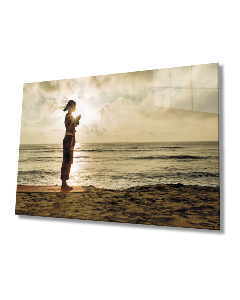 Gün Batımı Sahilde Yoga Yapan Kadın  Cam Tablo  4mm Dayanıklı Temperli Cam Woman Practicing Yoga on the Beach at Sunset Glass Table 4mm Durable Tempered Glass