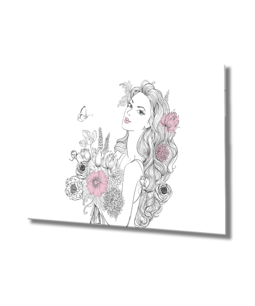 Kadın Çizim ve Çiçek Cam Tablo  4mm Dayanıklı Temperli Cam, Woman Drawing and Flower Glass Wall Art