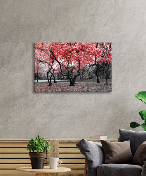 Kırmızı Ağaçlar Tablo 4mm Dayanıklı Temperli Cam  Brown Trees Starry Sky Glass Painting