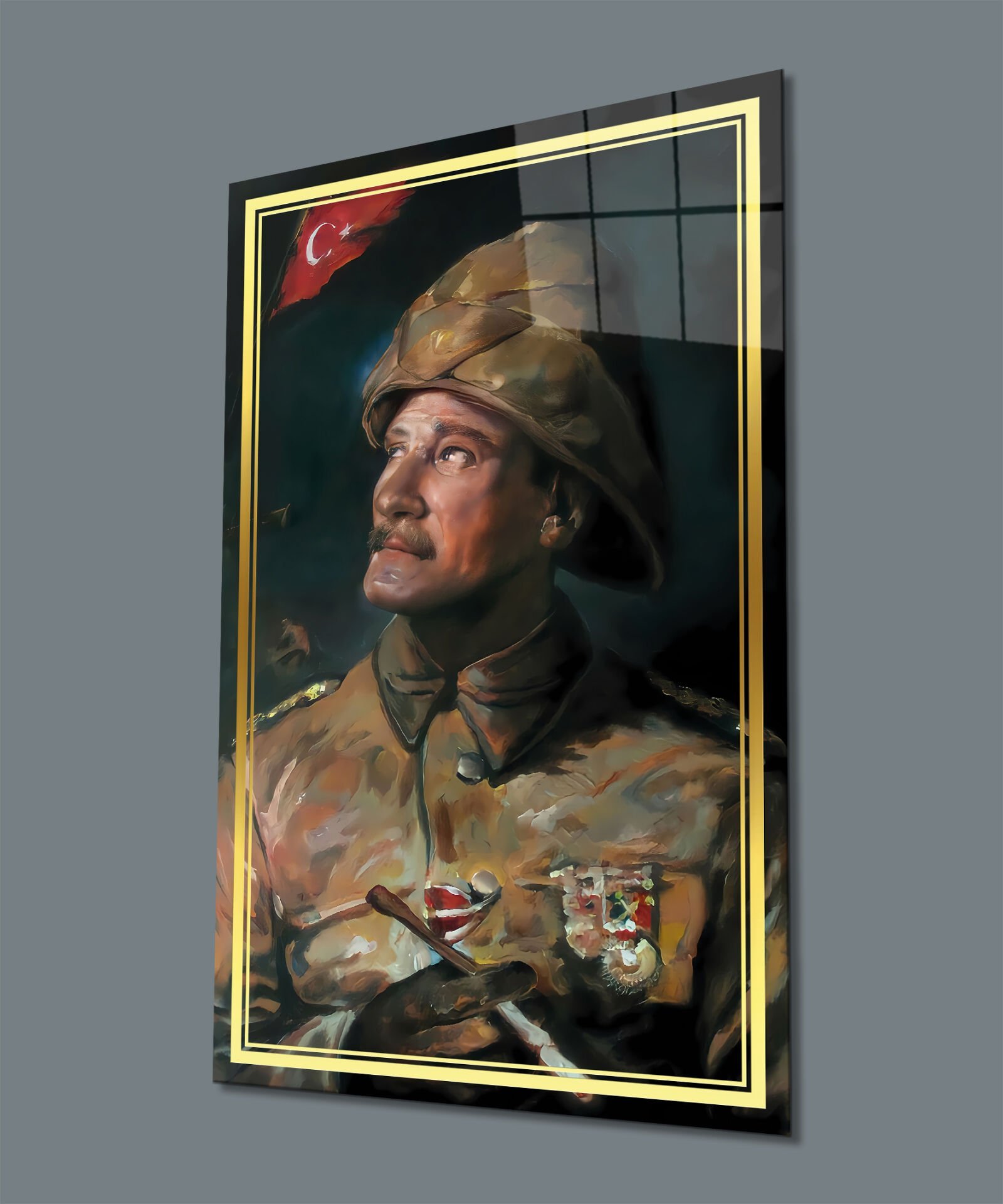 Atatürk Portre Dikey Cam Tablo Hediyelik Büyük Tablo Ev Ofis Dekoru