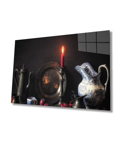 Objeler Mum Natürmort  Cam Tablo  4mm Dayanıklı Temperli Cam  Objects Candle Still Life Glass Wall Art