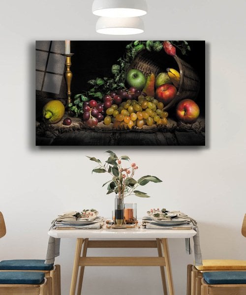 Sepette Meyveler Natürmort Mutfak  Cam Tablo  4mm Dayanıklı Temperli Cam Fruits in a Basket Still Life Kitchen Glass Wall Art