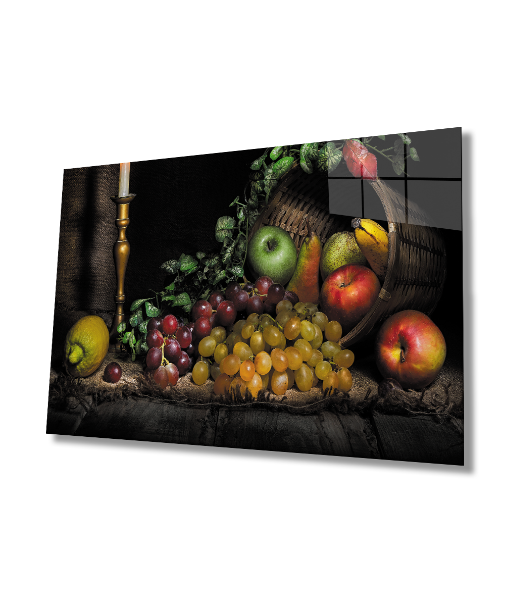 Sepette Meyveler Natürmort Mutfak  Cam Tablo  4mm Dayanıklı Temperli Cam Fruits in a Basket Still Life Kitchen Glass Wall Art