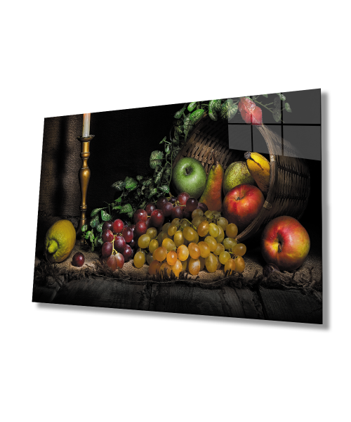 Sepette Meyveler Natürmort Mutfak  Cam Tablo  4mm Dayanıklı Temperli Cam Fruits in a Basket Still Life Kitchen Glass Wall Art