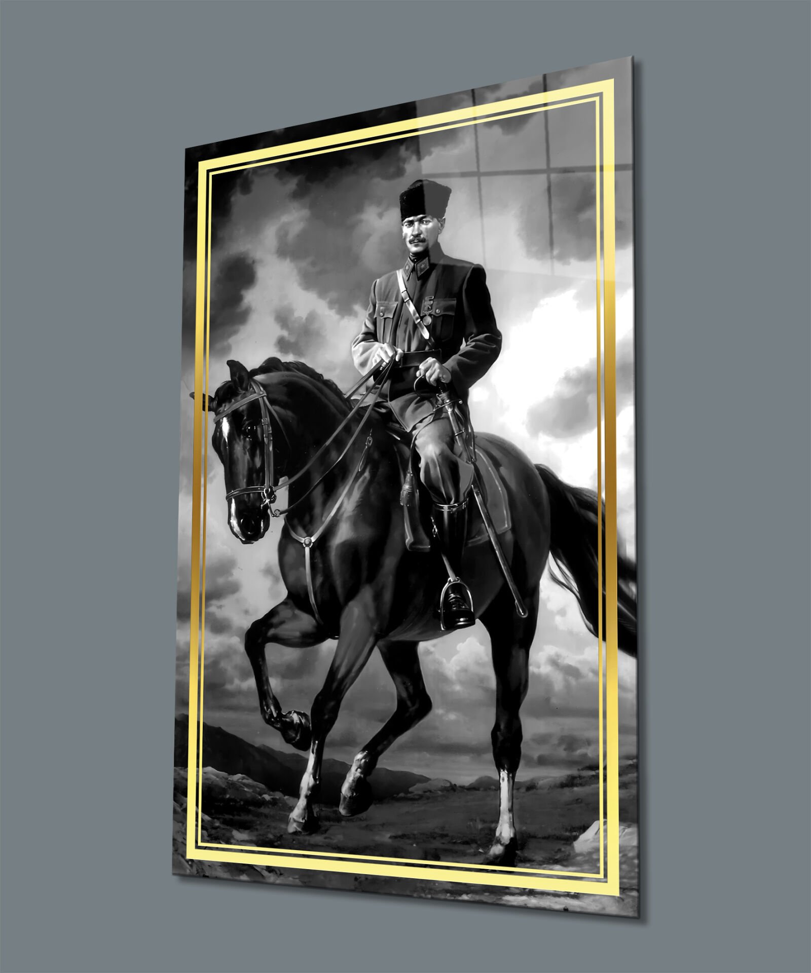 Atatürk At Üstünde Siyah Beyaz Cam Tablo Hediyelik Büyük Tablo Ev Ofis Dekoru