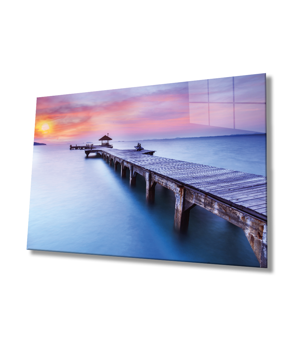 Gün Batımı Manzarası Ahşap Köprü Cam Tablo  4mm Dayanıklı Temperli Cam Sunset Landscape Wooden Bridge Glass Table 4mm Durable Tempered Glass