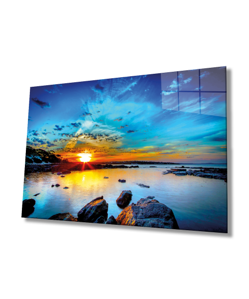 Kaya Deniz Manzara Cam Tablo  4mm Dayanıklı Temperli Cam Mountain Reflection Landscape Glass Table 4mm Durable Tempered Glass