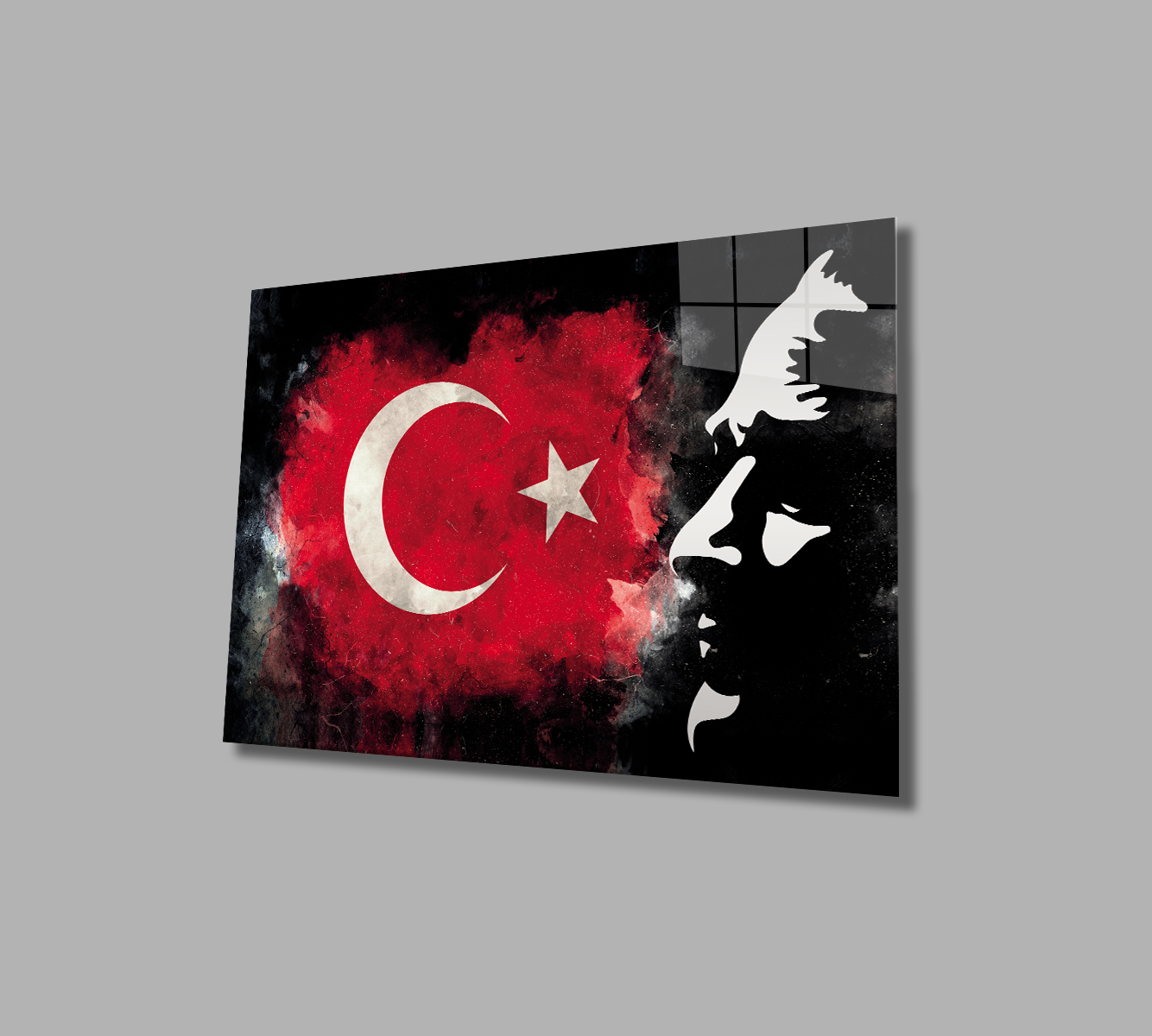 Atatürk Bayrak  Atatürk Silüetli Gölgeli Siyah Fonlu Cam Tablo  4mm Dayanıklı Temperli Cam Atatürk Flag Atatürk Silhouette Shadowless Black Background Glass Wall Art