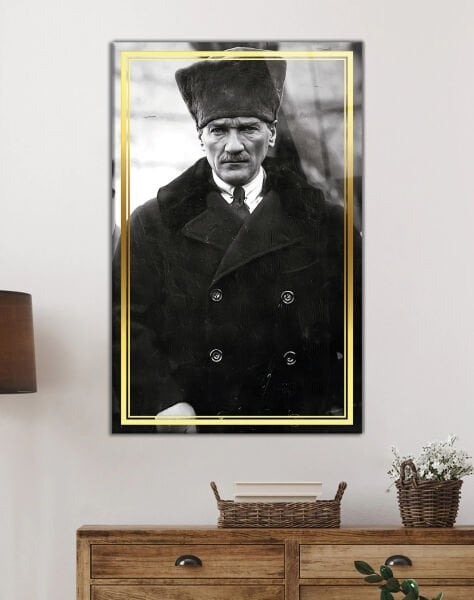 Atatürk Siyah Beyaz Cam Tablo Hediyelik Büyük Tablo Ev Ofis Dekoru