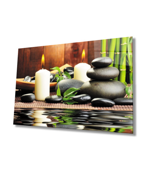 Mum Taş Spa Cam Tablo  4mm Dayanıklı Temperli Cam Candle Stone Spa Glass Wall Art