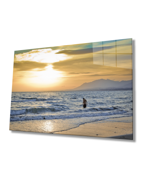 Gün Batımında Denize Giren Adam  Cam Tablo  4mm Dayanıklı Temperli Cam Man Swimming at Sunset Glass Table 4mm Durable Tempered Glass