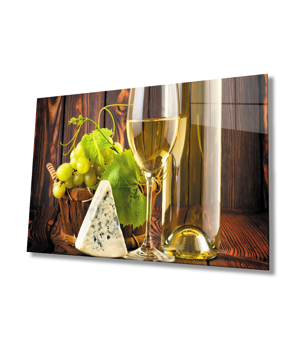 Şarap Peynir Natürmort Mutfak Cam Tablo  4mm Dayanıklı Temperli Cam Wine Cheese Still Life Kitchen Glass Wall Art