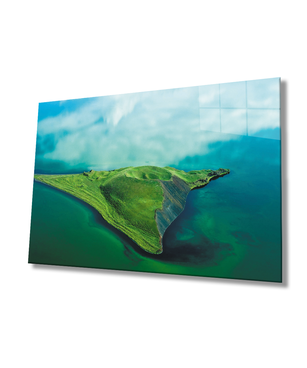 Kuşbakışı Deniz Mavi Yeşil Manzara Cam Tablo  4mm Dayanıklı Temperli Cam