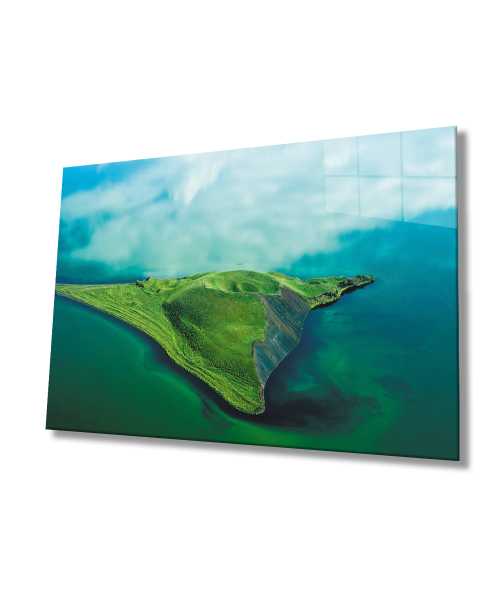 Kuşbakışı Deniz Mavi Yeşil Manzara Cam Tablo  4mm Dayanıklı Temperli Cam