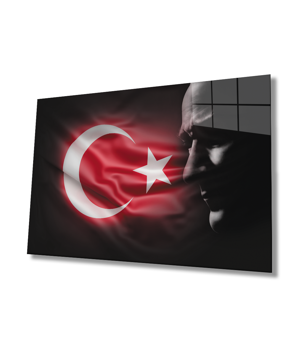 Atatürk Bayrak  Atatürk Silüetli Gölgesiz Siyah Fonlu Cam Tablo  4mm Dayanıklı Temperli Cam Atatürk Flag Atatürk Silhouette Shadowless Black Background Glass Wall Art