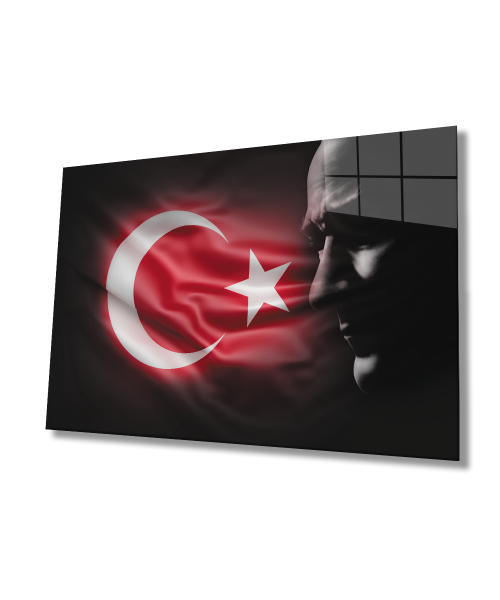 Atatürk Bayrak  Atatürk Silüetli Gölgesiz Siyah Fonlu Cam Tablo  4mm Dayanıklı Temperli Cam Atatürk Flag Atatürk Silhouette Shadowless Black Background Glass Wall Art