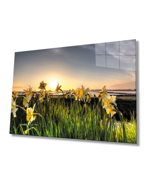 Gün Batımında Sarı Çiçekler Cam Tablo  4mm Dayanıklı Temperli Cam Yellow Flowers At Sunset Glass Table 4mm Durable Tempered Glass