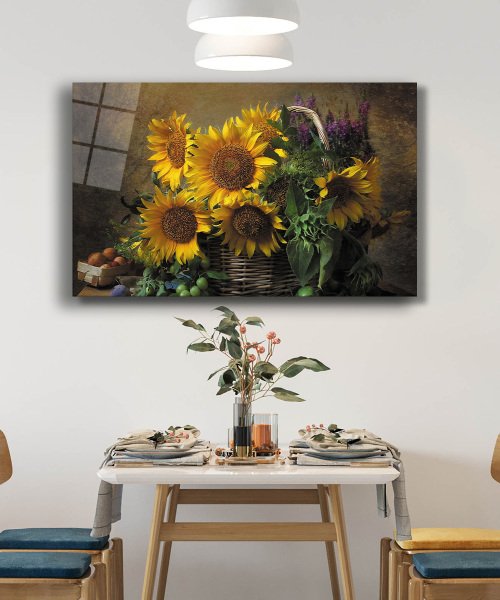 Ay Çiçeği Natürmort Cam Tablo  4mm Dayanıklı Temperli Cam Sunflower Still Life Glass Wall Art