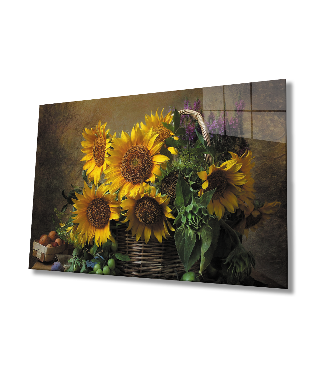 Ay Çiçeği Natürmort Cam Tablo  4mm Dayanıklı Temperli Cam Sunflower Still Life Glass Wall Art