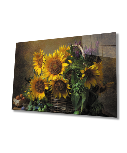 Ay Çiçeği Natürmort Cam Tablo  4mm Dayanıklı Temperli Cam Sunflower Still Life Glass Wall Art