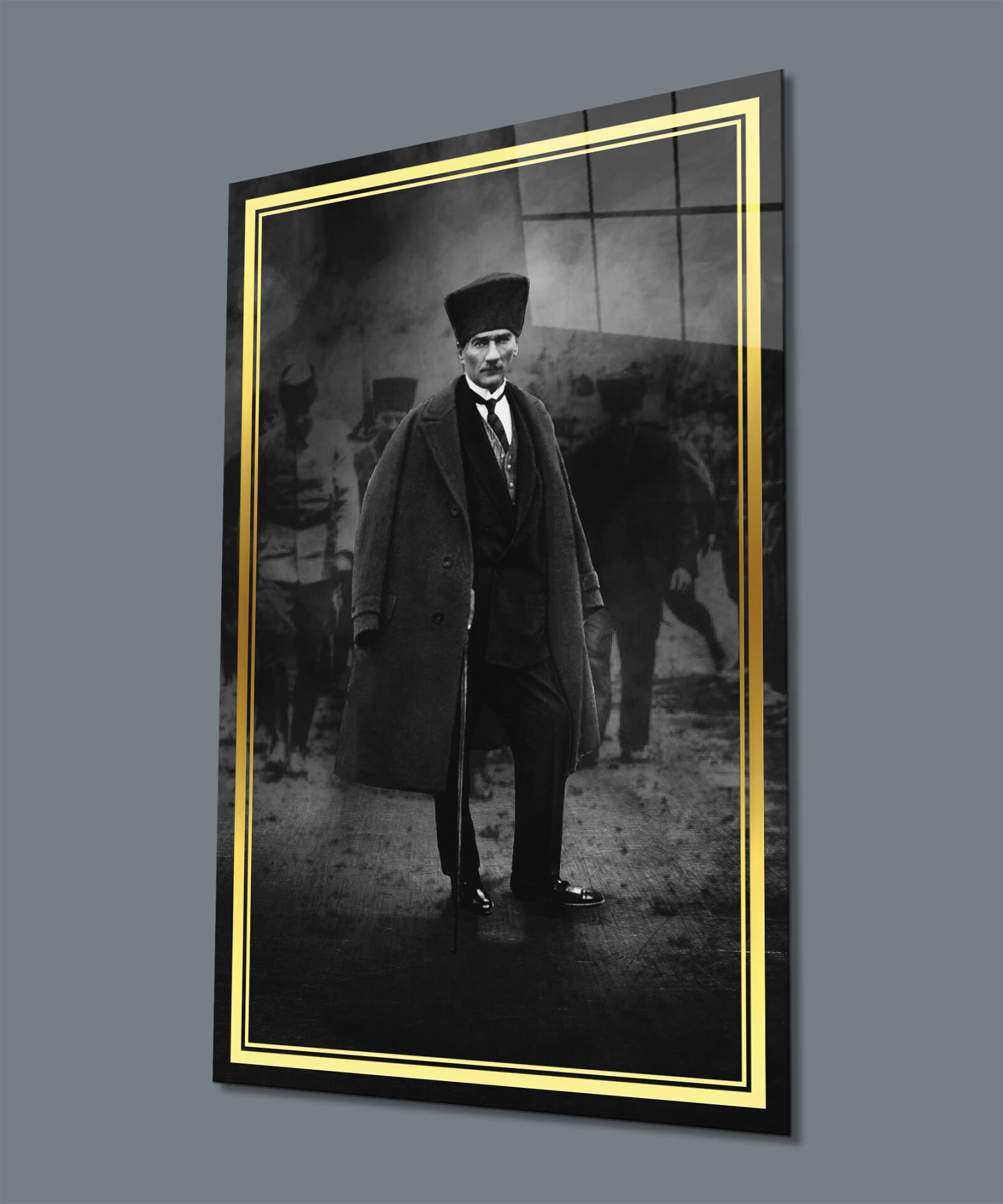 Atatürk Portre Siyah Beyaz Dikey Cam Tablo Hediyelik Büyük Tablo Ev Ofis Dekoru