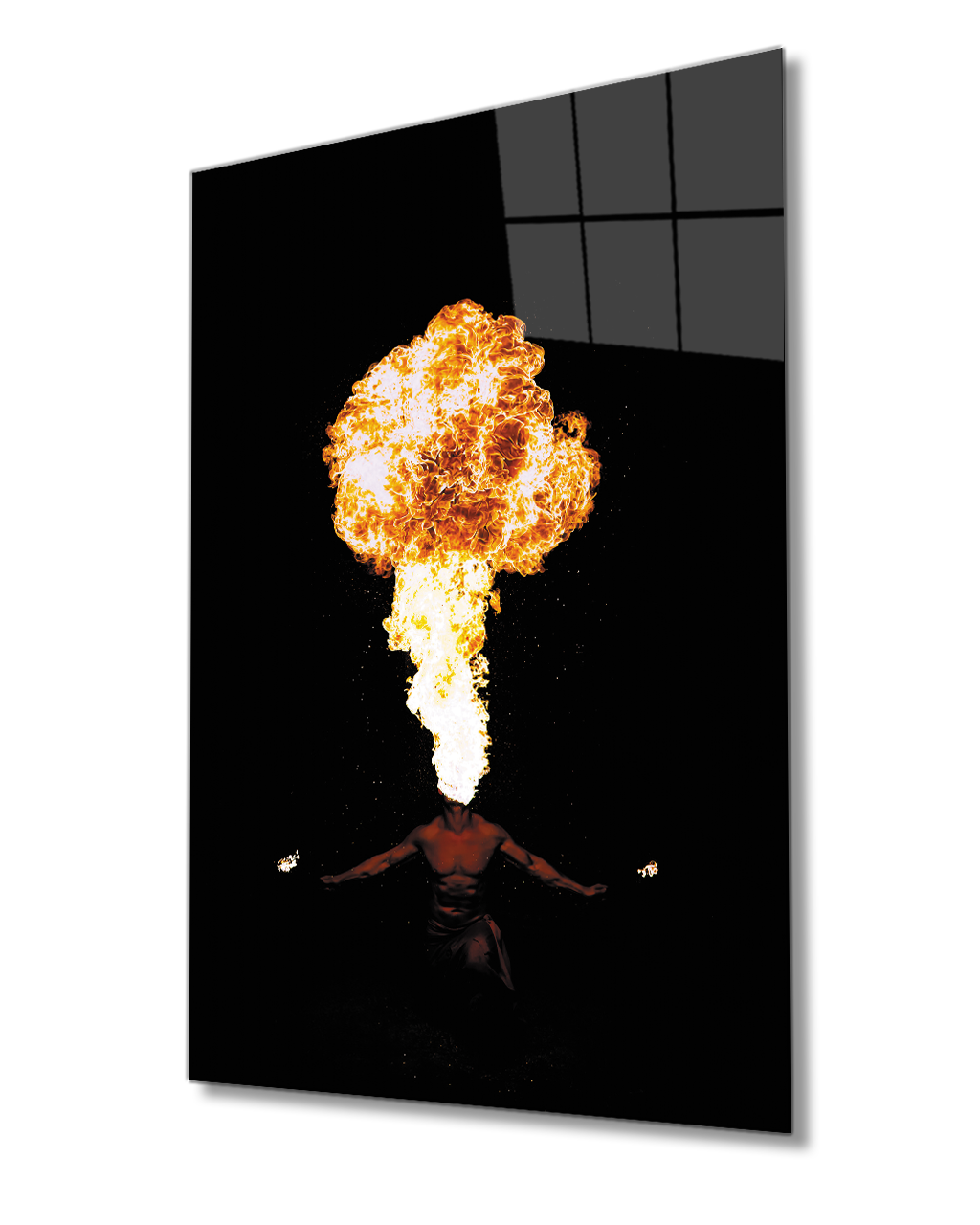 Ateş Gösterisi Yapan Adam  Cam Tablo 4mm Dayanıklı Temperli Cam Fire Glass Painting