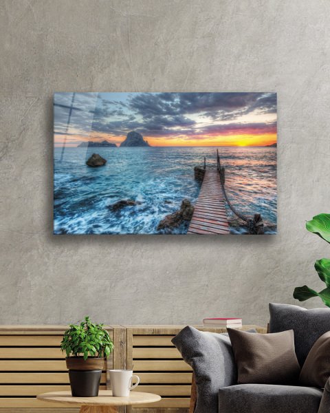 Gün Batımı Deniz Köprü Cam Tablo  4mm Dayanıklı Temperli Cam Sunset Sea Bridge Glass Table 4mm Durable Tempered Glass