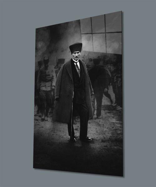 Atatürk Portre Dikey Siyah Beyaz Cam Tablo Hediyelik Büyük Tablo Ev Ofis Dekoru