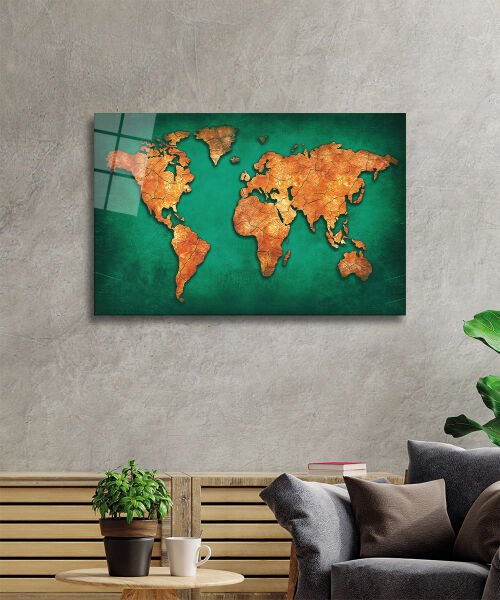 Dünya Haritası 4mm Dayanıklı Cam Tablo Temperli Cam, World Map Glass Wall Art