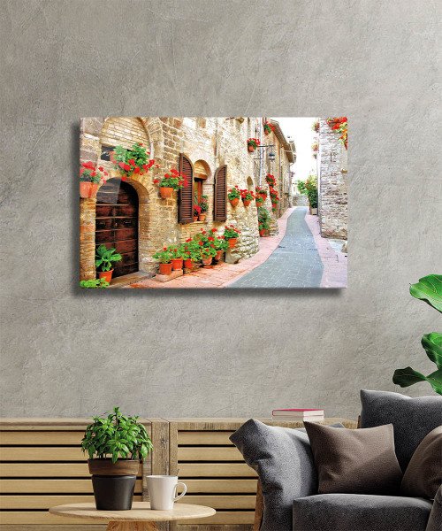 Çiçekli Sokak Cam Tablo  4mm Dayanıklı Temperli Cam, Flower Streets Glass Wall Decor