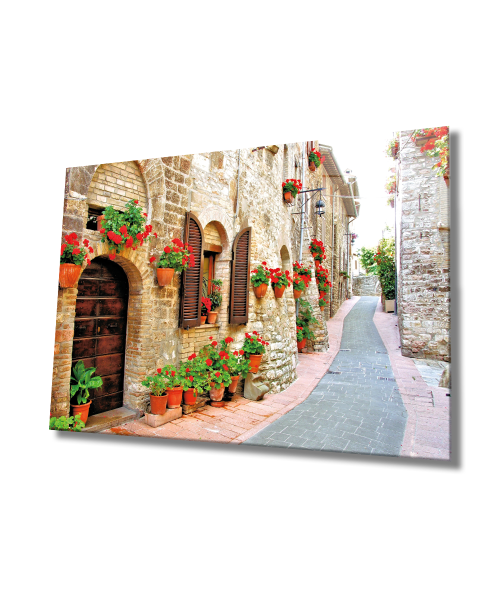 Çiçekli Sokak Cam Tablo  4mm Dayanıklı Temperli Cam, Flower Streets Glass Wall Decor