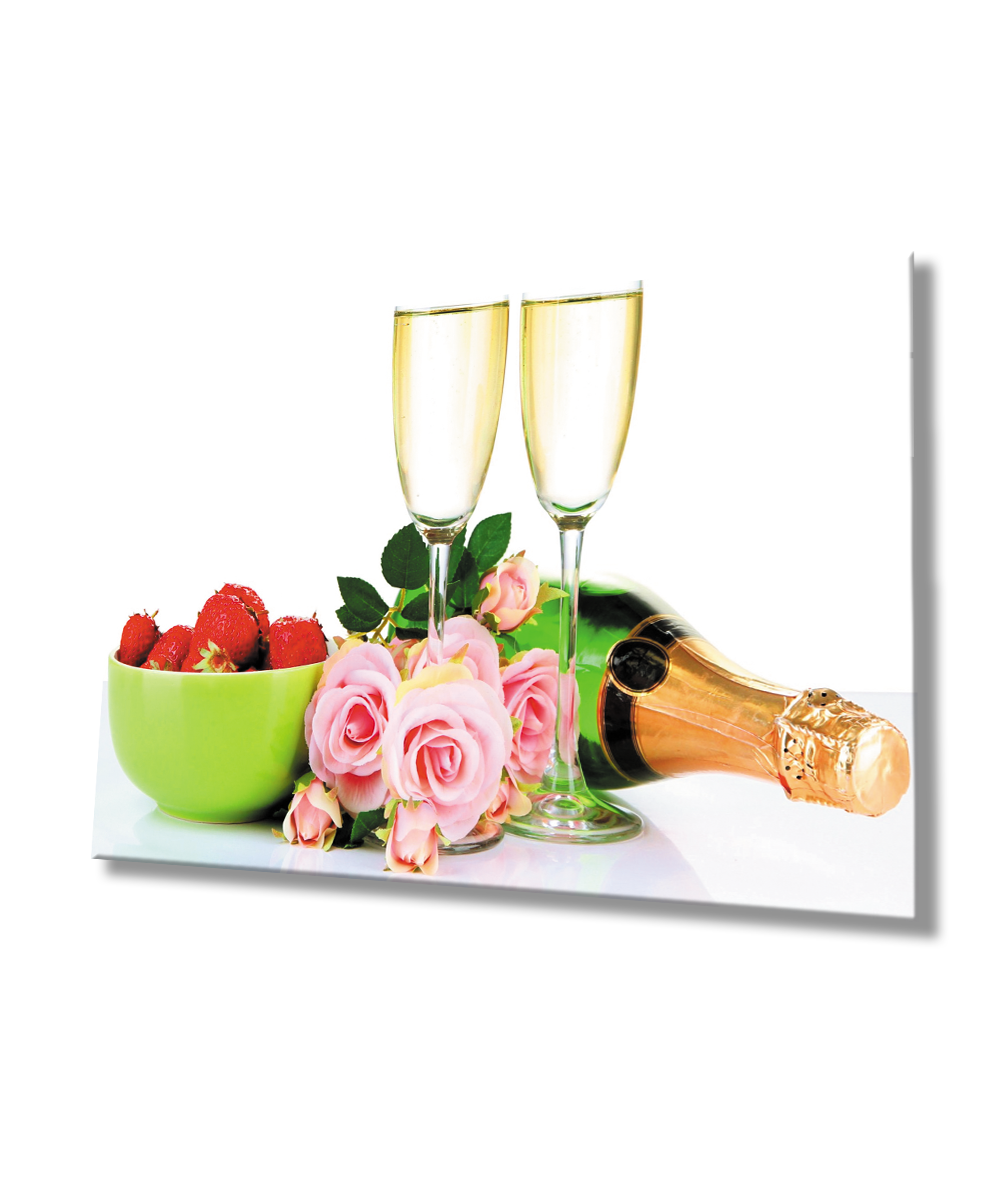 Şampanya Kadeh Çilek Gül   Cam Tablo  4mm Dayanıklı Temperli Cam Champagne Glass Strawberry Rose Glass Wall Art