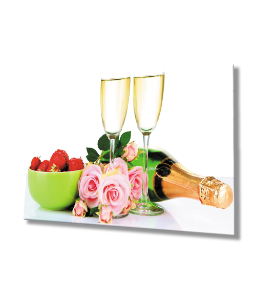 Şampanya Kadeh Çilek Gül   Cam Tablo  4mm Dayanıklı Temperli Cam Champagne Glass Strawberry Rose Glass Wall Art