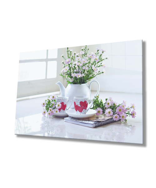 Çiçekler Kalpli Fincanlar Mutfak Cam Tablo  4mm Dayanıklı Temperli Cam Flowers Heart Cups Kitchen Glass Wall Art