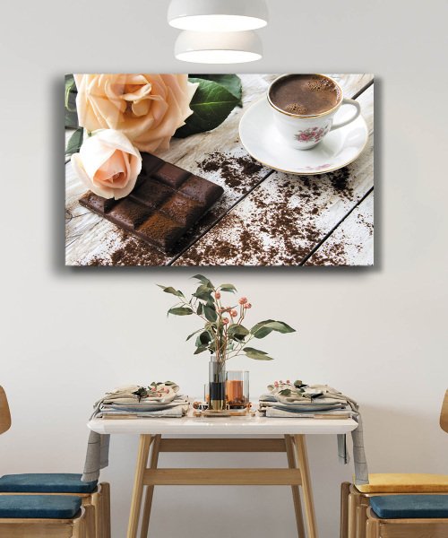 Kahve Çikolata Gül Mutfak Cam Tablo  4mm Dayanıklı Temperli Cam Coffee Chocolate Rose Kitchen Glass Wall Art